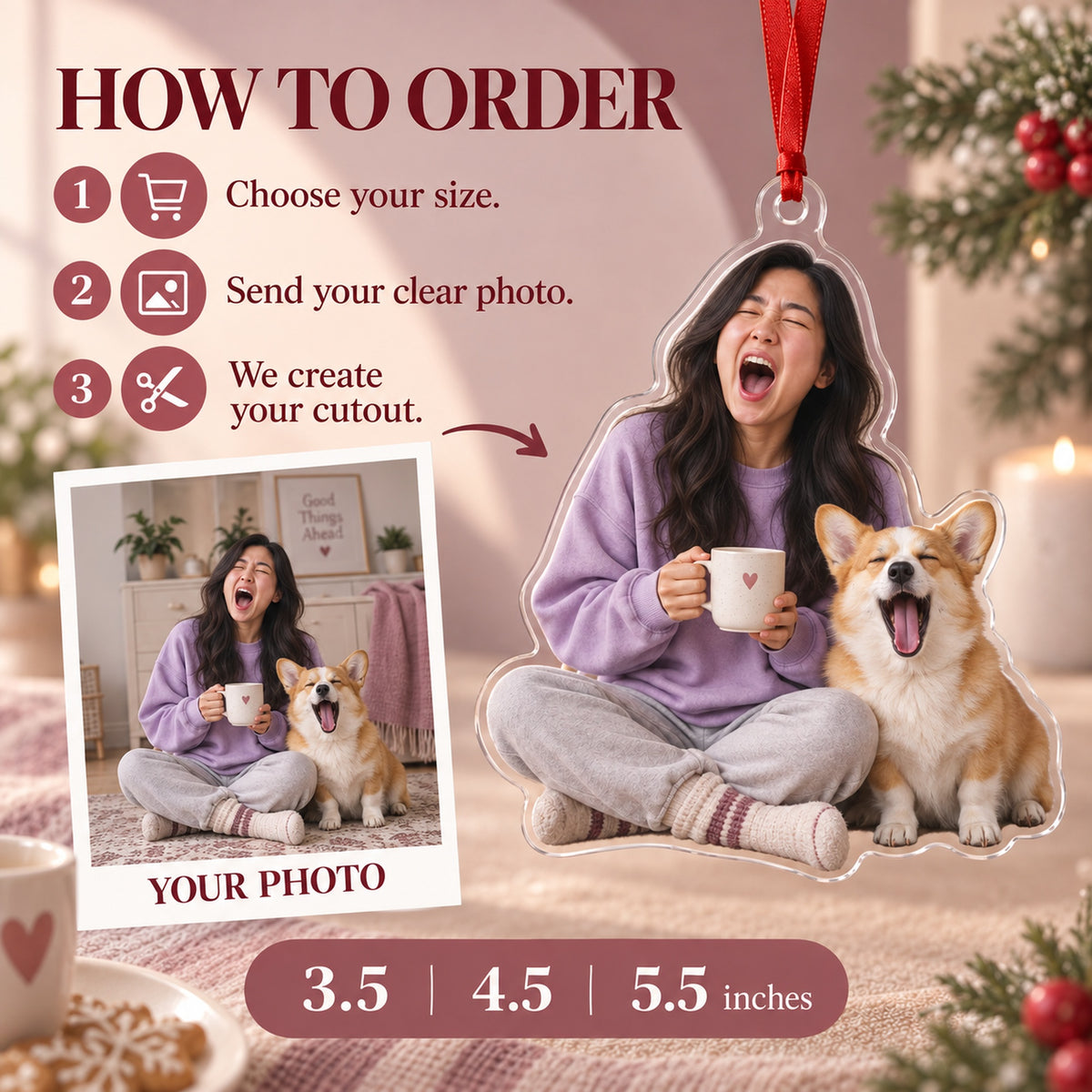 Custom Photo Matching Yawns Acrylic Ornament — How to order