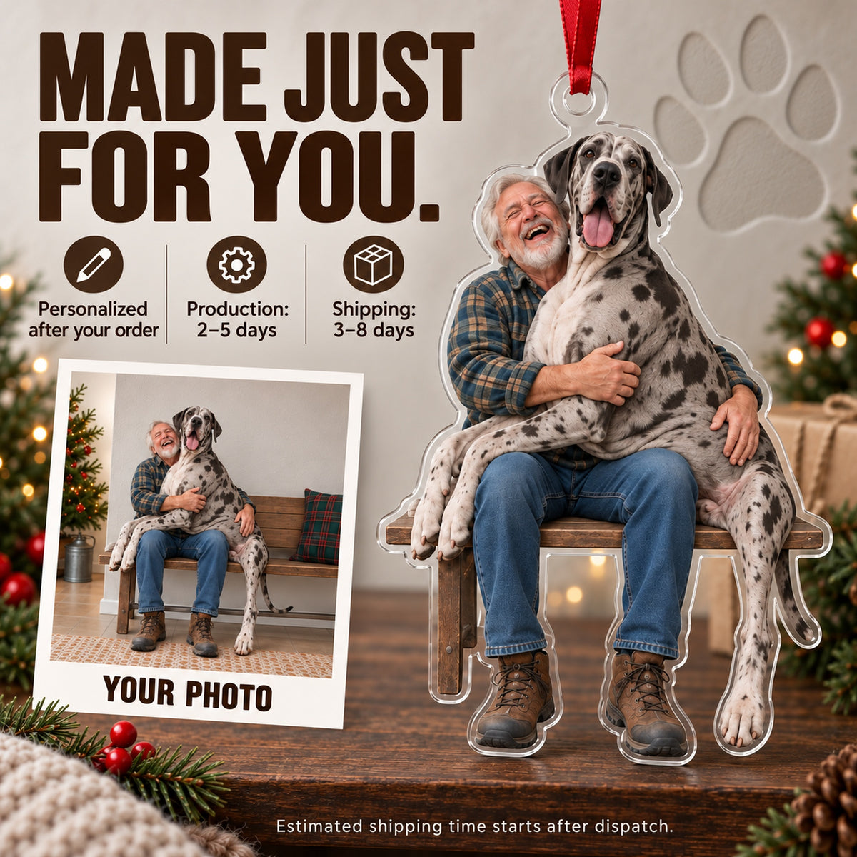 Custom Photo Great Dane Lap Dog Acrylic Ornament — Production and delivery