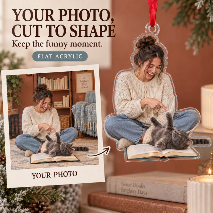 Custom Photo Cat Reads the Book Acrylic Ornament — Main design