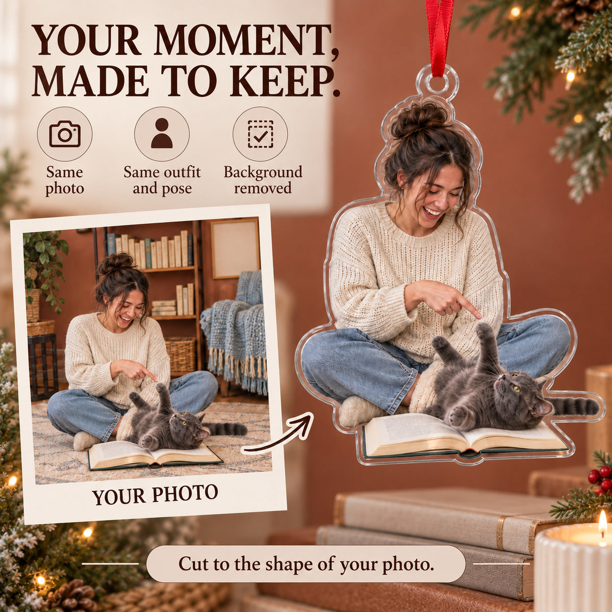 Custom Photo Cat Reads the Book Acrylic Ornament — Personalization example
