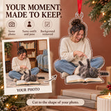 Custom Photo Cat Reads the Book Acrylic Ornament — Personalization example