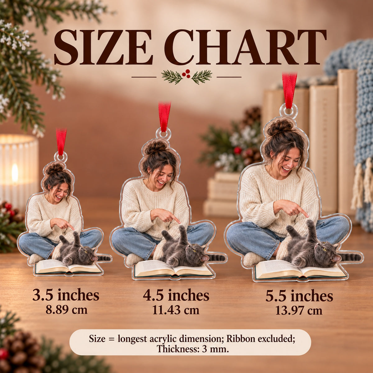 Custom Photo Cat Reads the Book Acrylic Ornament — Size guide