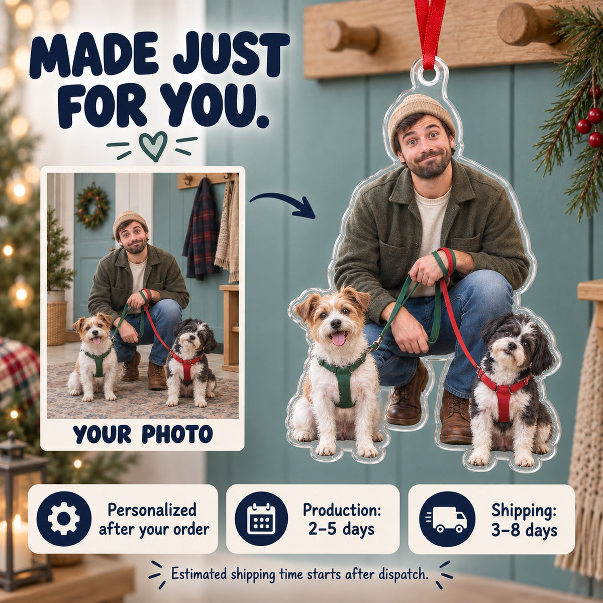 Custom Photo Leash Tangle Duo Acrylic Ornament — Production and delivery