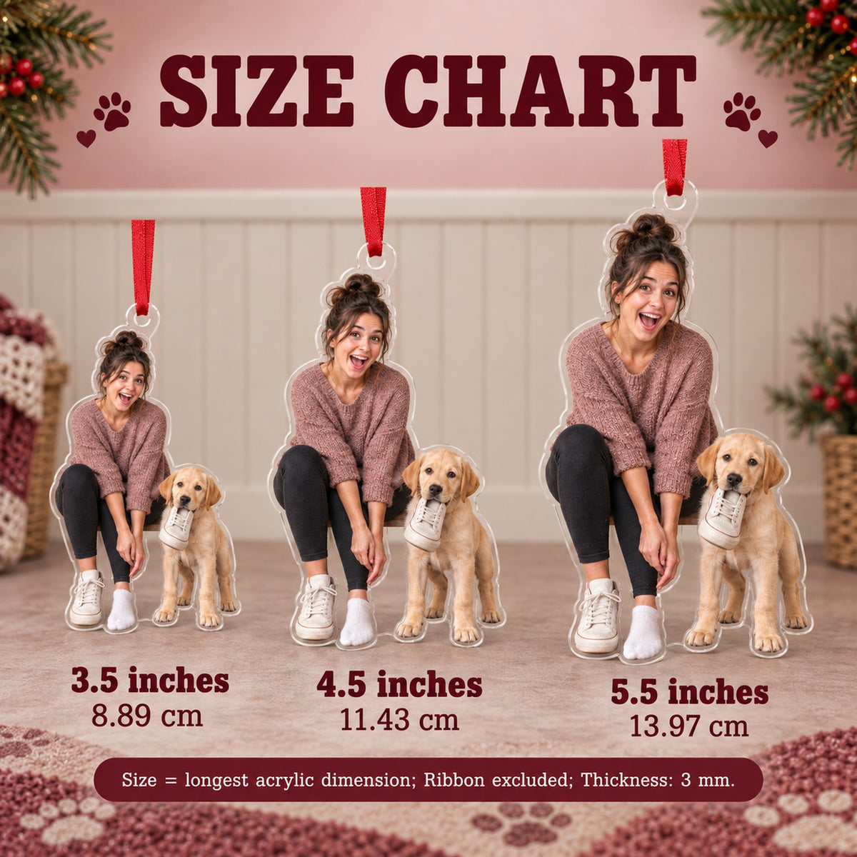 Custom Photo Puppy Shoe Thief Acrylic Ornament — Size guide