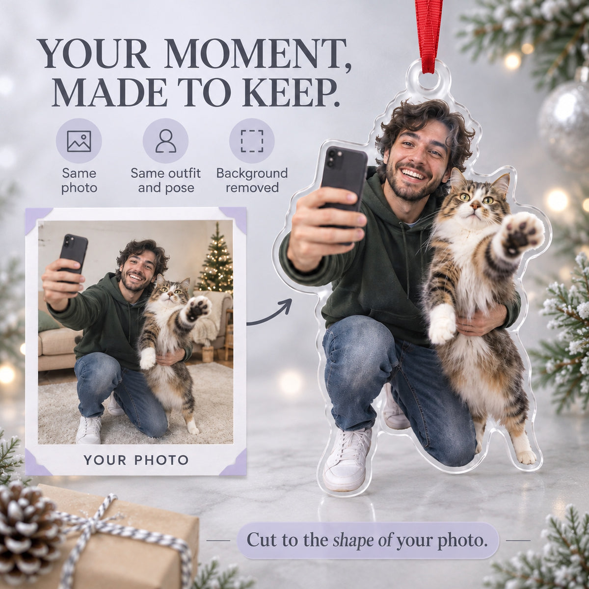 Custom Photo Cat Selfie Block Acrylic Ornament — Personalization example