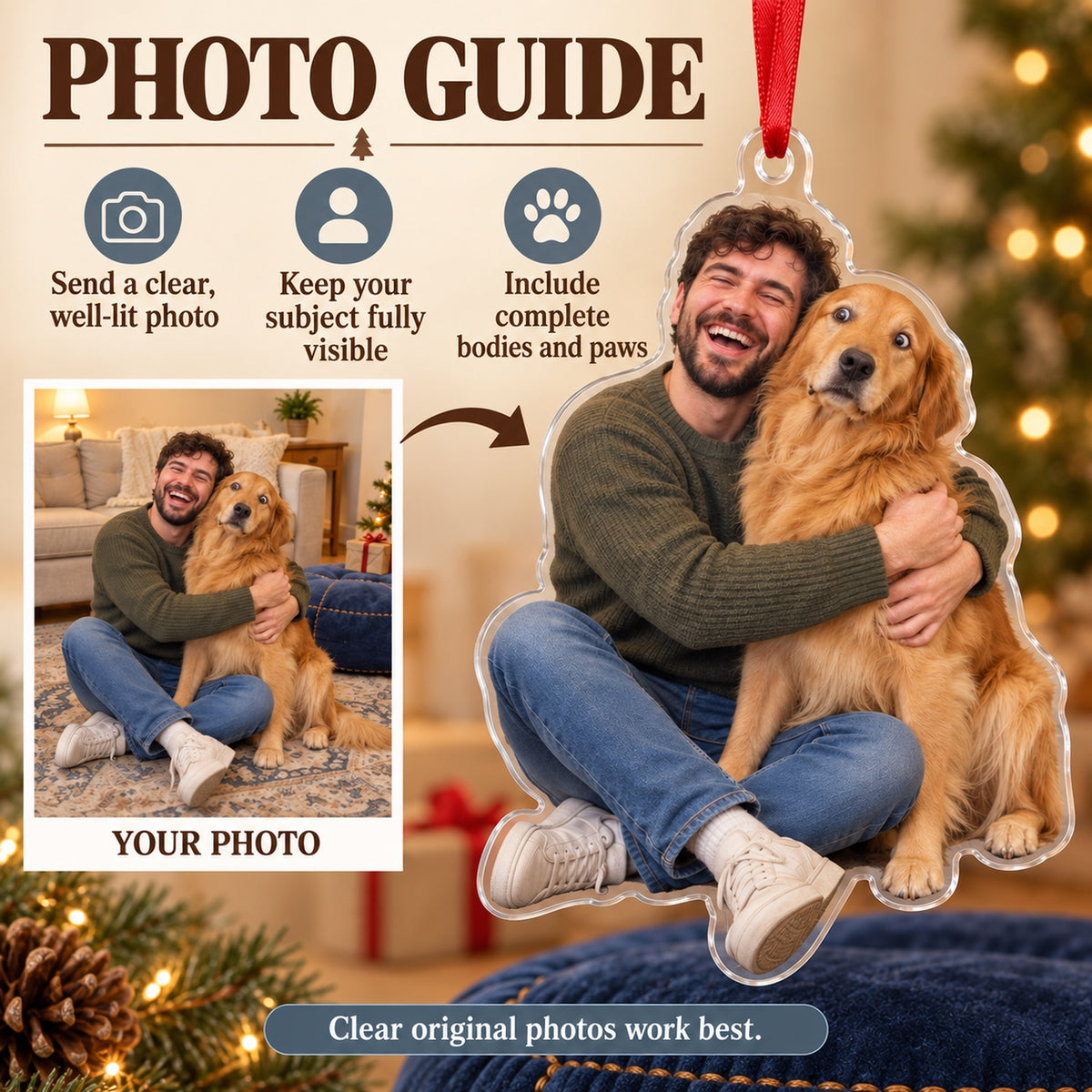 Custom Photo Golden Side Eye Acrylic Ornament — Personalization guide