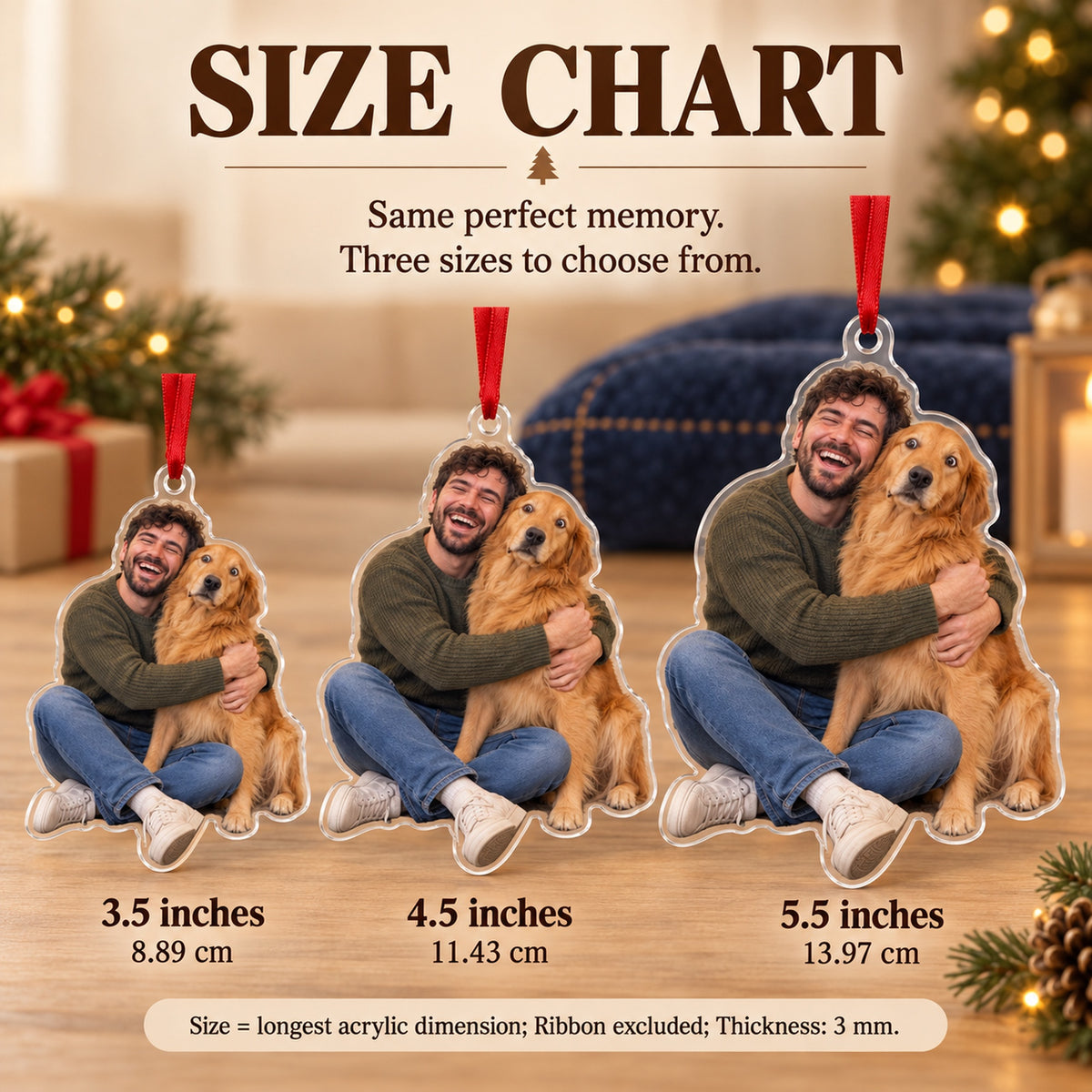 Custom Photo Golden Side Eye Acrylic Ornament — Size guide