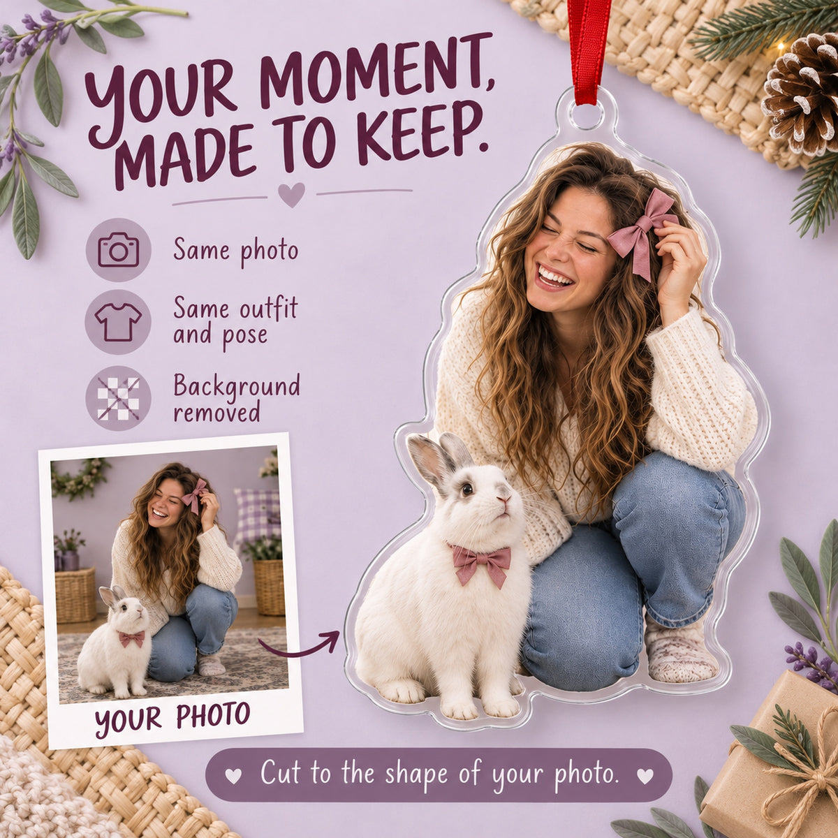 Custom Photo Bunny and the Bow Acrylic Ornament — Personalization example