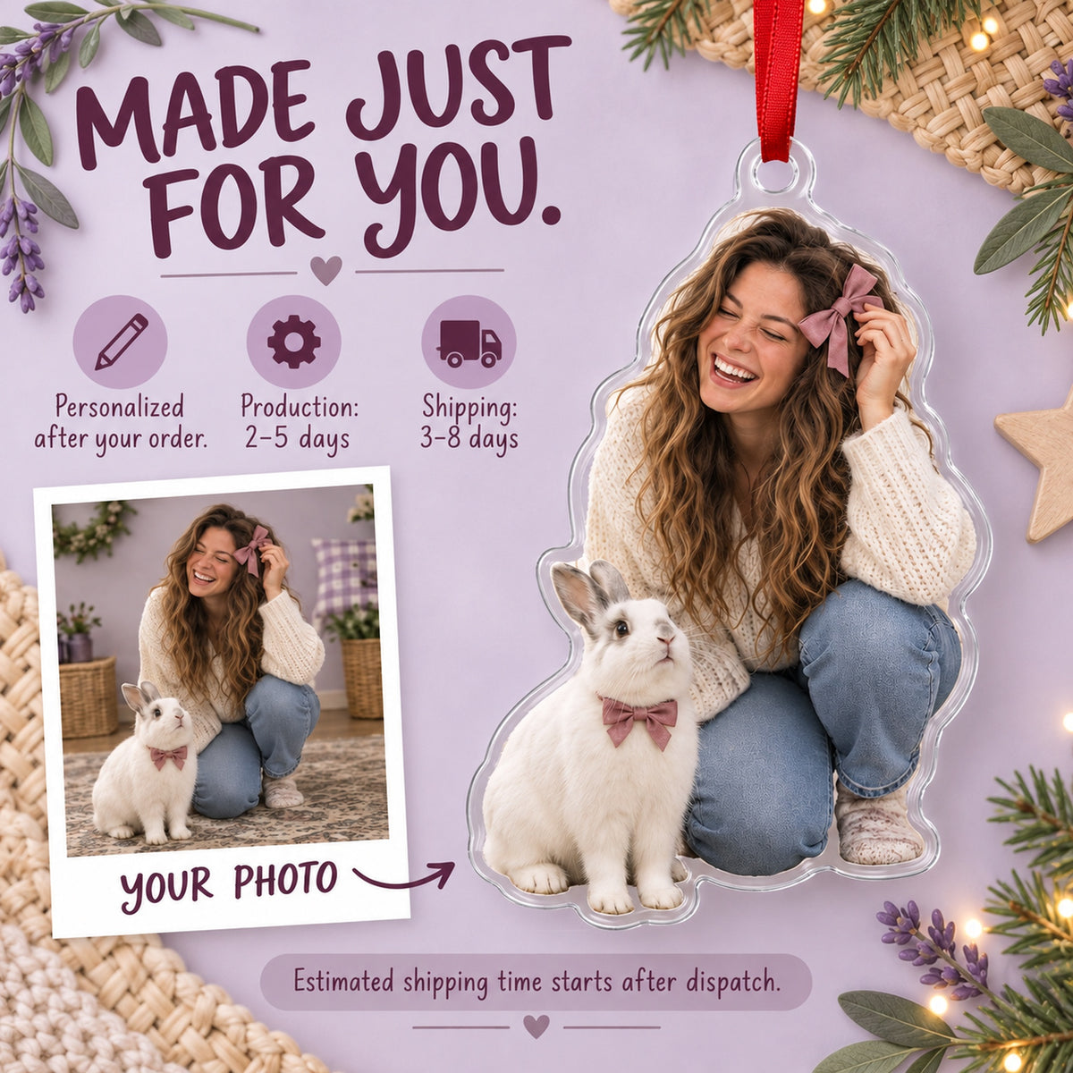 Custom Photo Bunny and the Bow Acrylic Ornament — Production and delivery