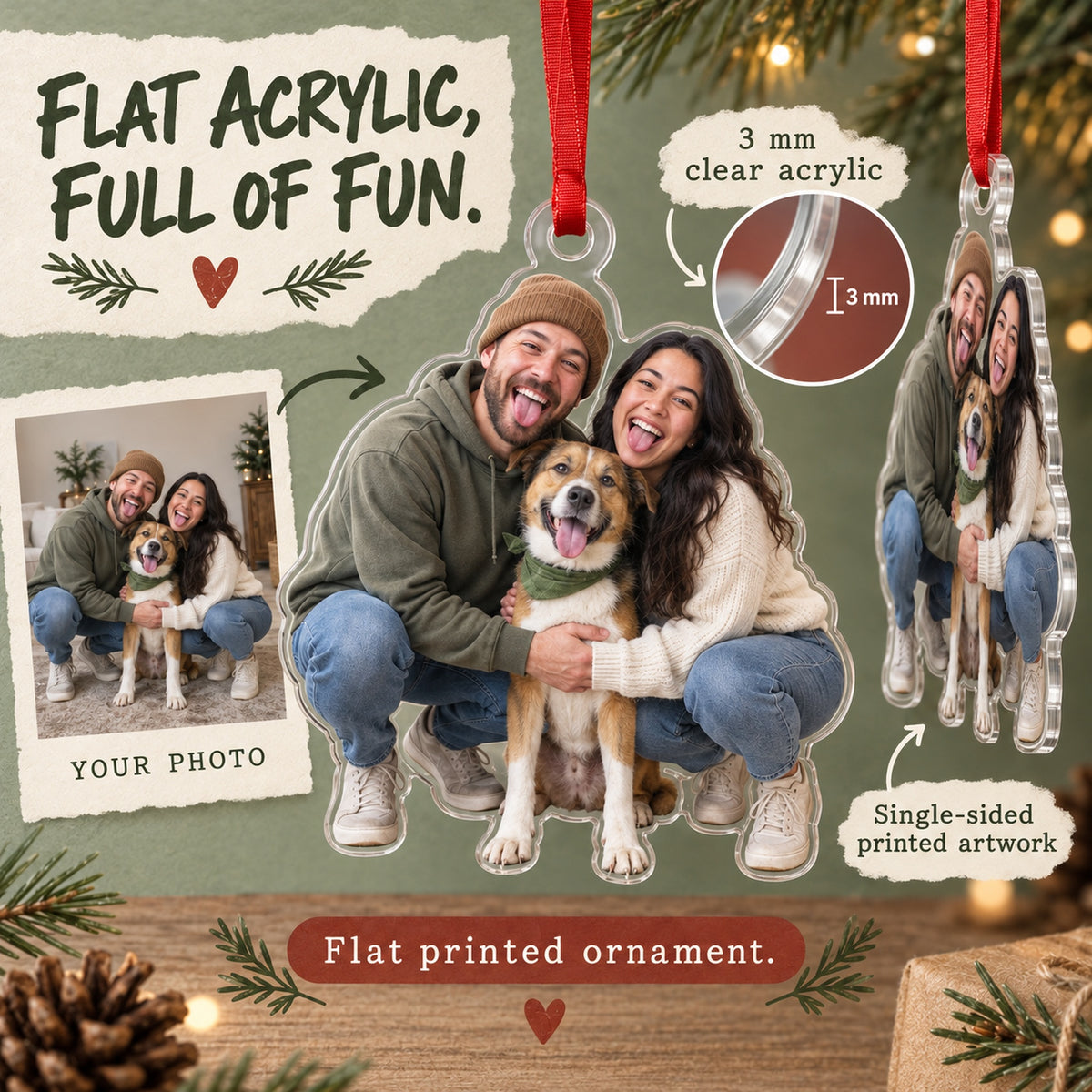 Custom Photo Gotcha Day Tongues Acrylic Ornament — Flat acrylic material