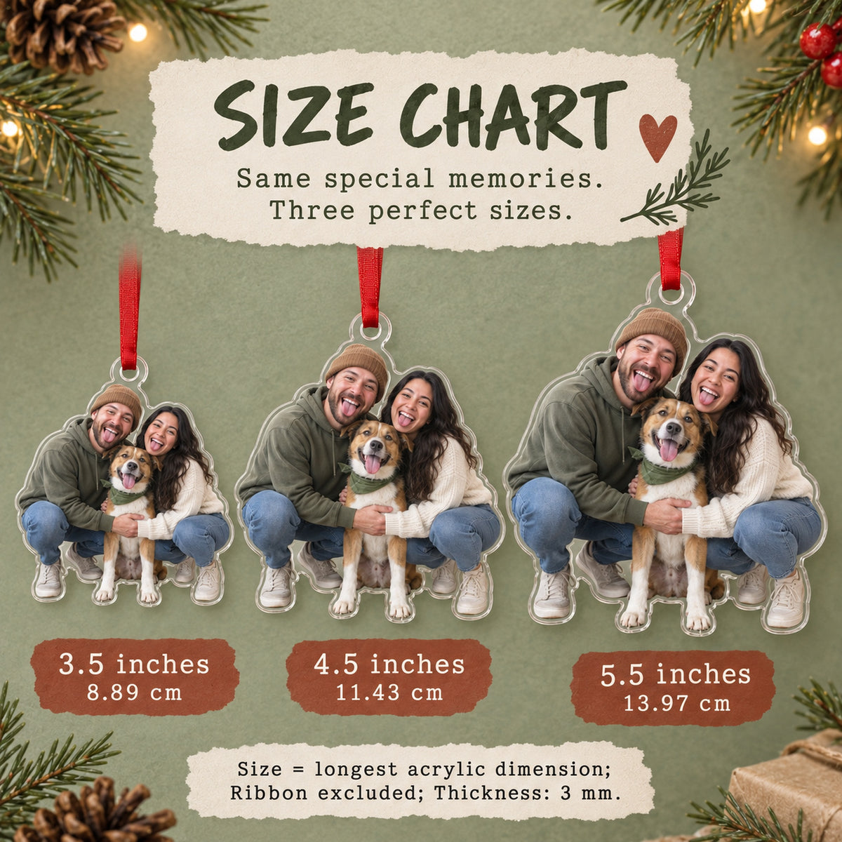 Custom Photo Gotcha Day Tongues Acrylic Ornament — Size guide