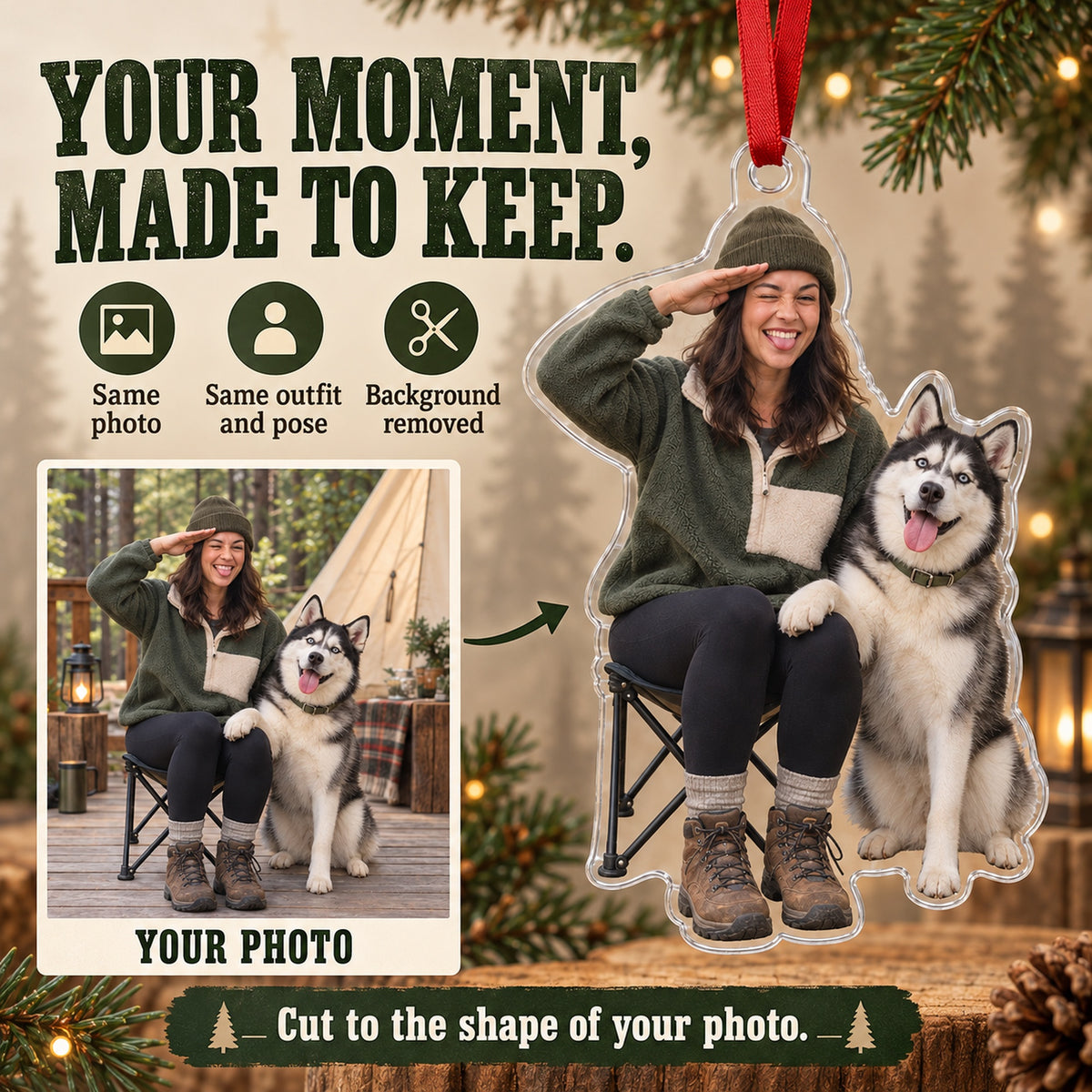 Custom Photo Dog Camping Companion Acrylic Ornament — Personalization example