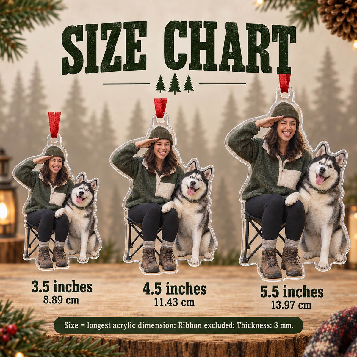Custom Photo Dog Camping Companion Acrylic Ornament — Size guide