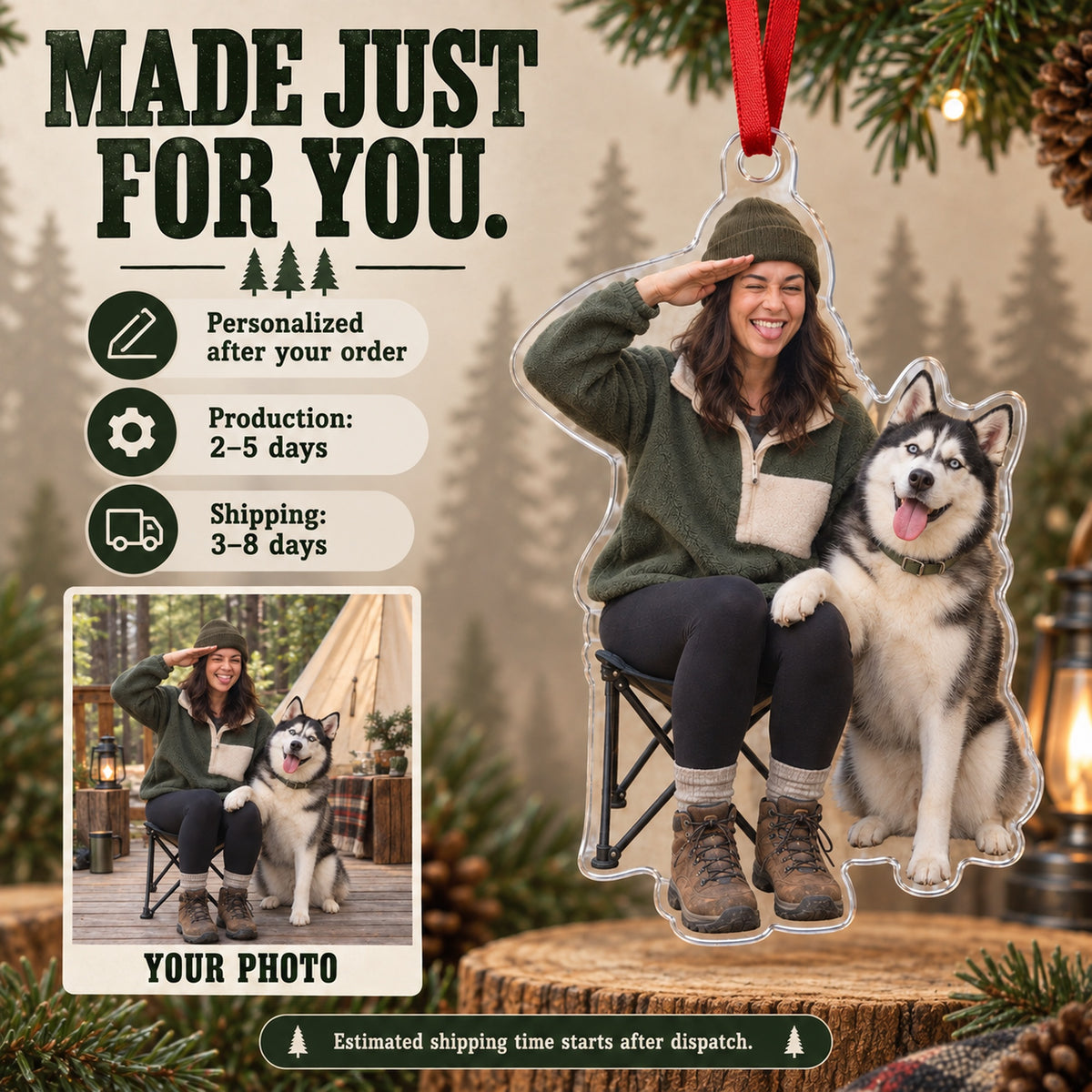 Custom Photo Dog Camping Companion Acrylic Ornament — Production and delivery