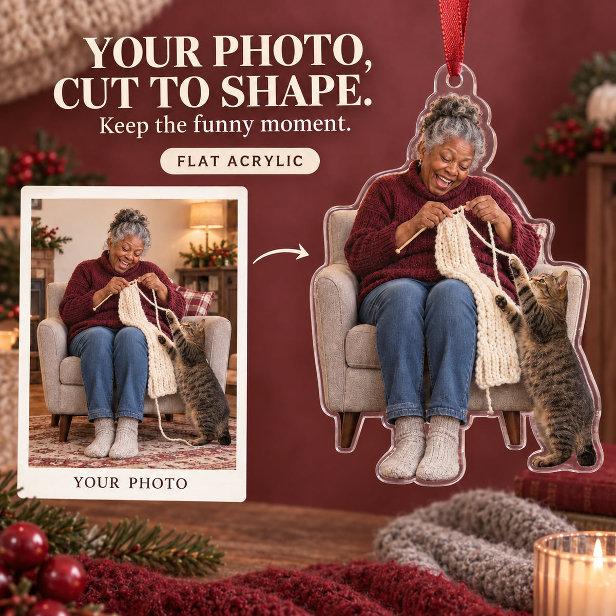 Custom Photo Cat Sweater Helper Acrylic Ornament — Main design