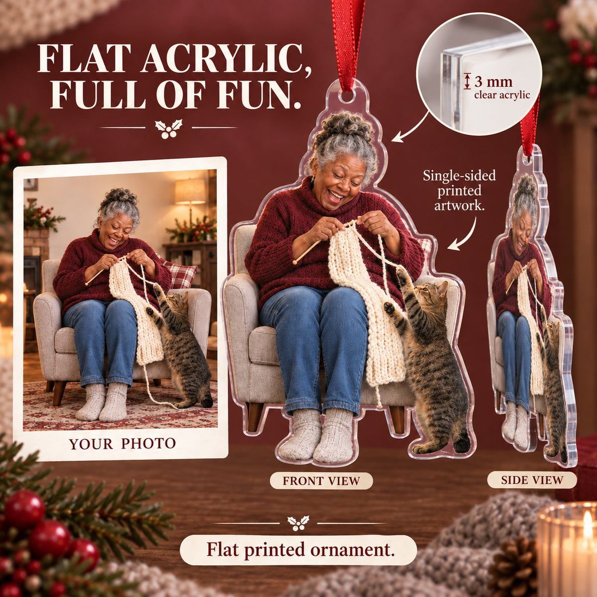 Custom Photo Cat Sweater Helper Acrylic Ornament — Flat acrylic material