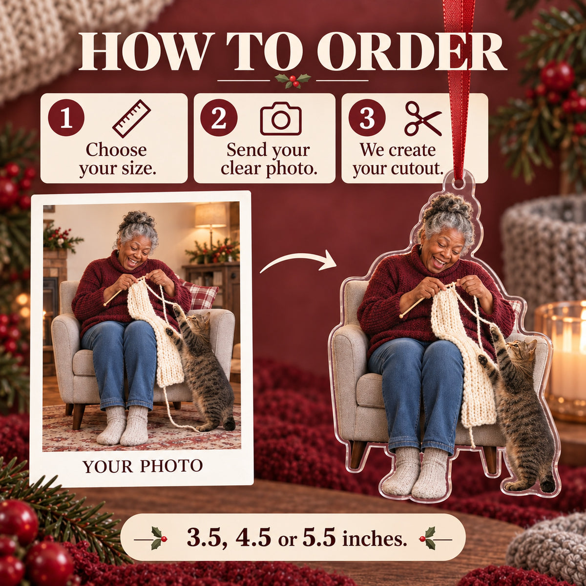 Custom Photo Cat Sweater Helper Acrylic Ornament — How to order