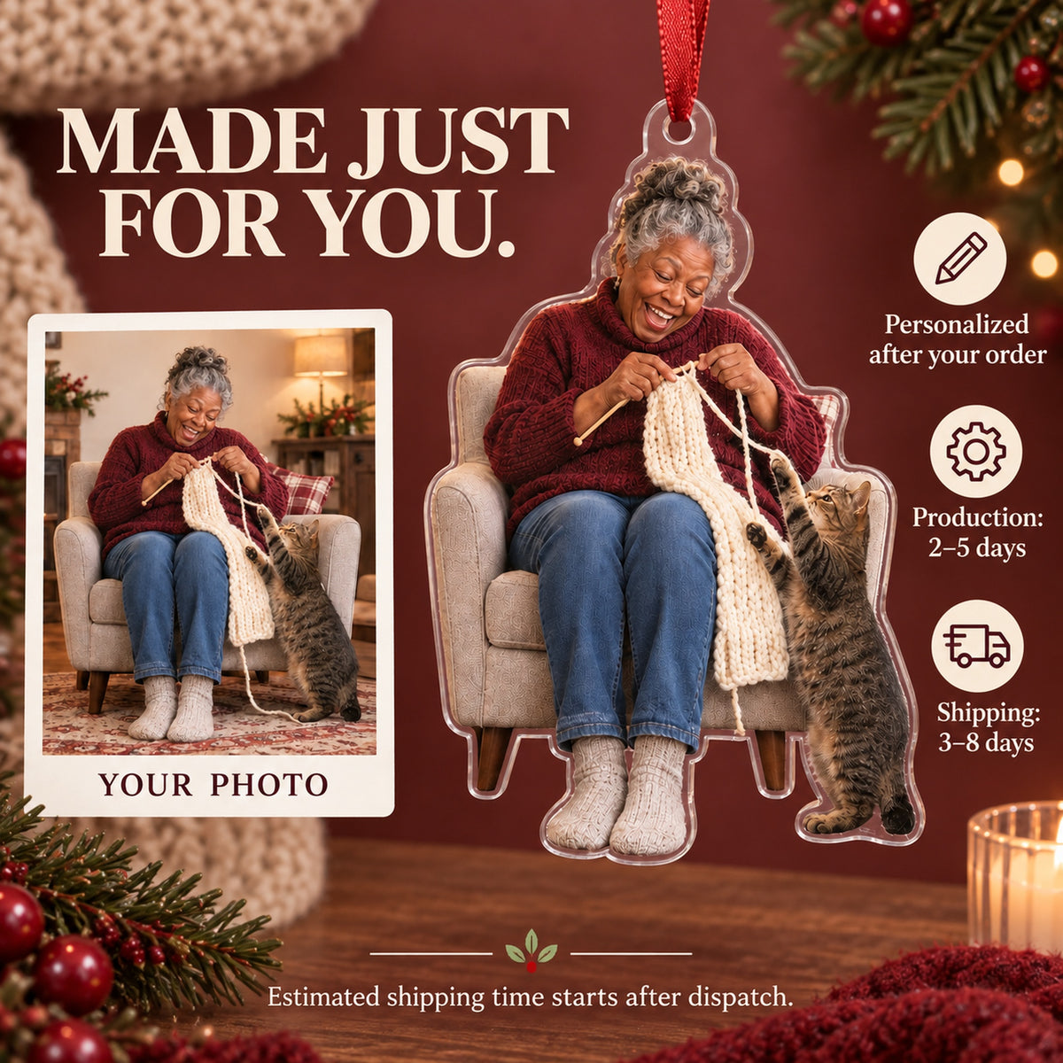 Custom Photo Cat Sweater Helper Acrylic Ornament — Production and delivery