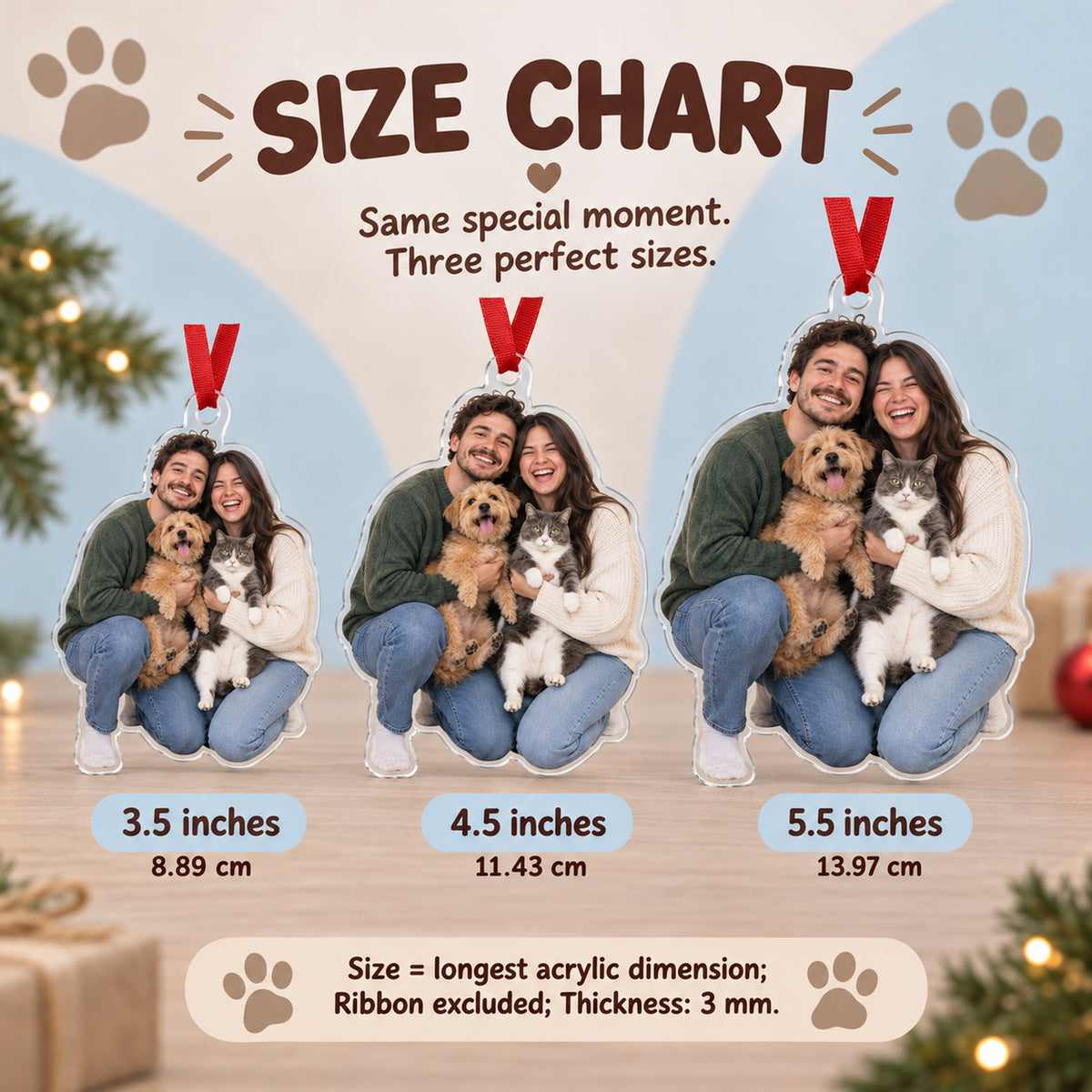 Custom Photo Two Pets One Selfie Acrylic Ornament — Size guide