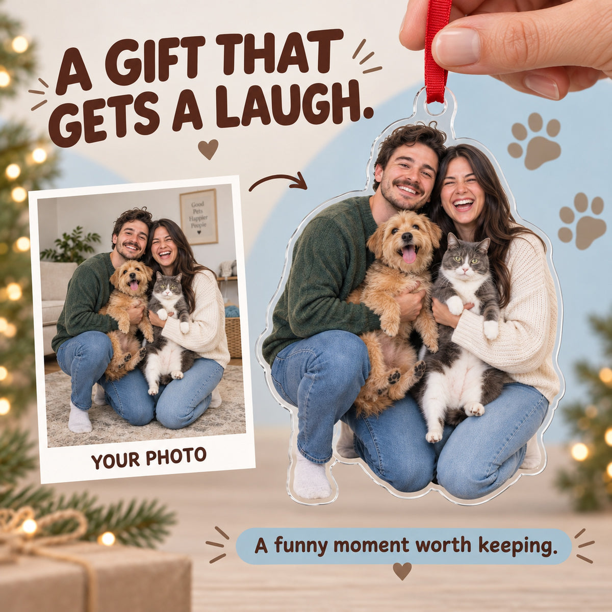 Custom Photo Two Pets One Selfie Acrylic Ornament — Gift inspiration