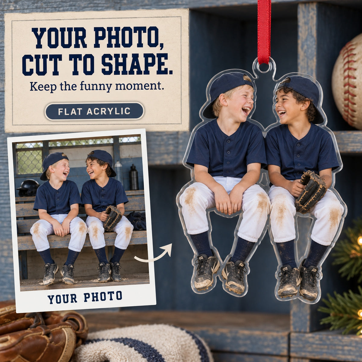 Custom Photo Baseball Dugout Giggles Acrylic Ornament — Main design
