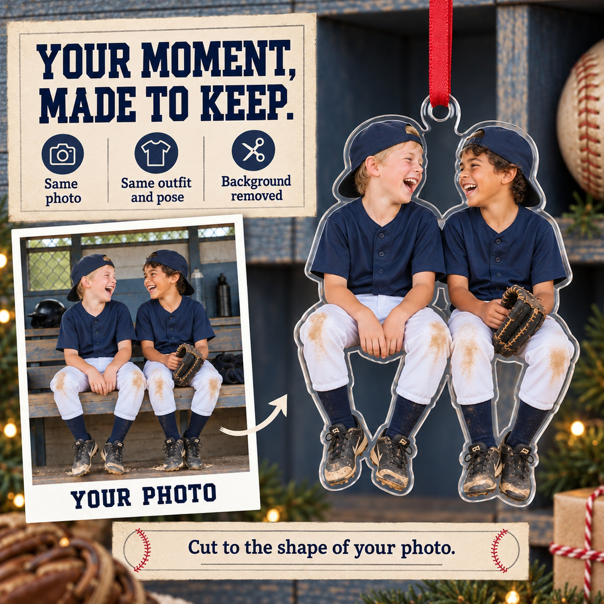 Custom Photo Baseball Dugout Giggles Acrylic Ornament — Personalization example