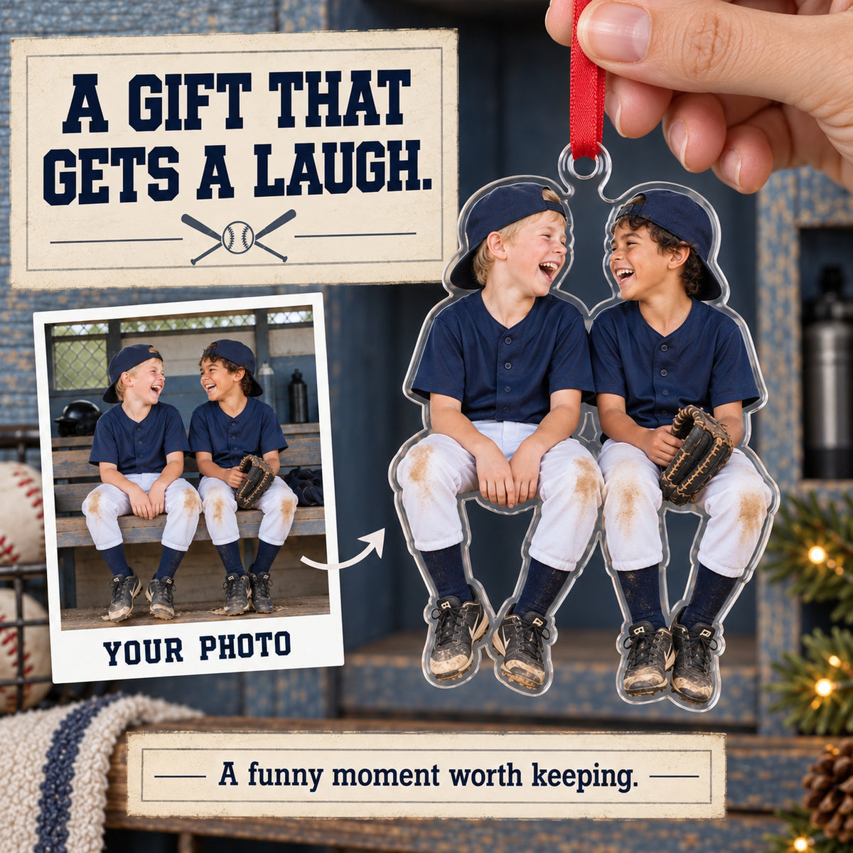 Custom Photo Baseball Dugout Giggles Acrylic Ornament — Gift inspiration
