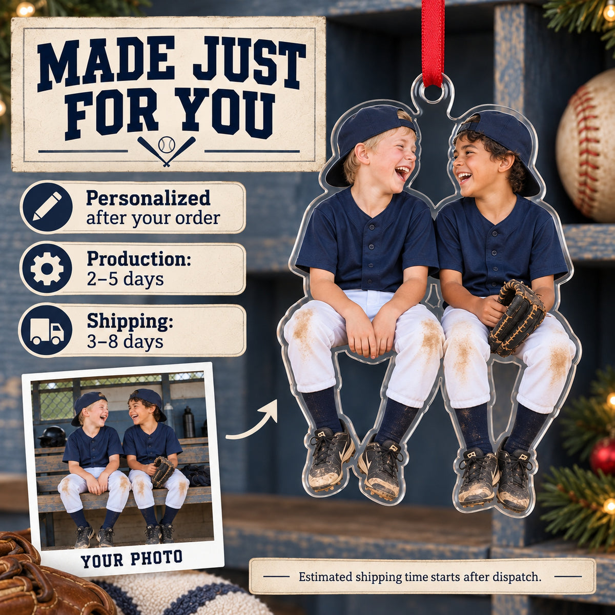 Custom Photo Baseball Dugout Giggles Acrylic Ornament — Production and delivery