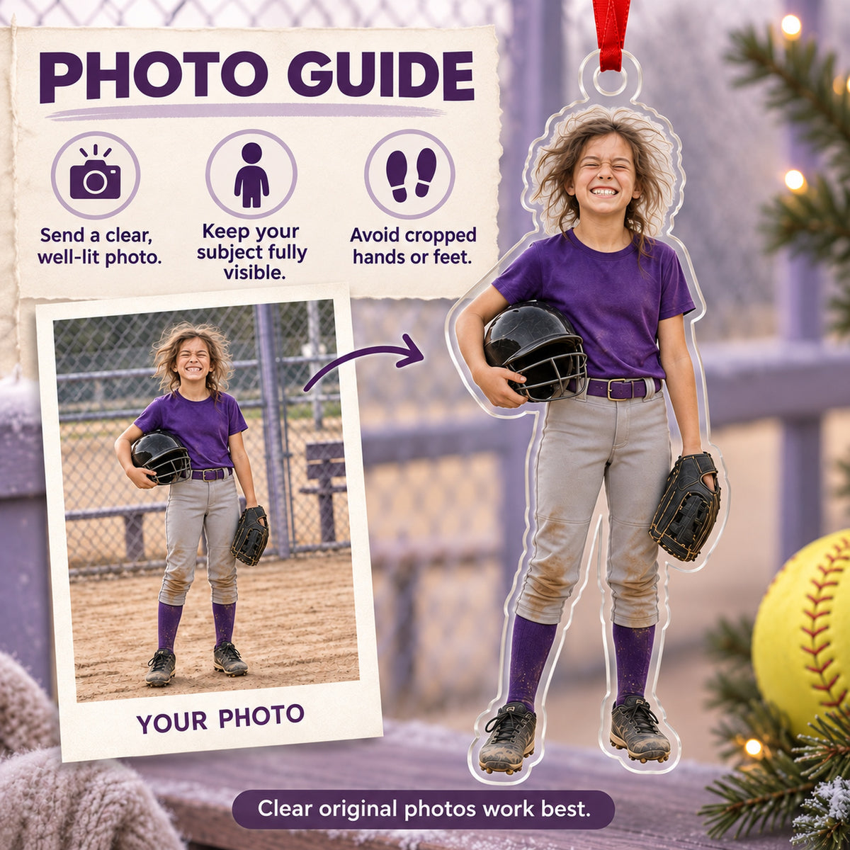 Custom Photo Softball Helmet Hair Acrylic Ornament — Personalization guide