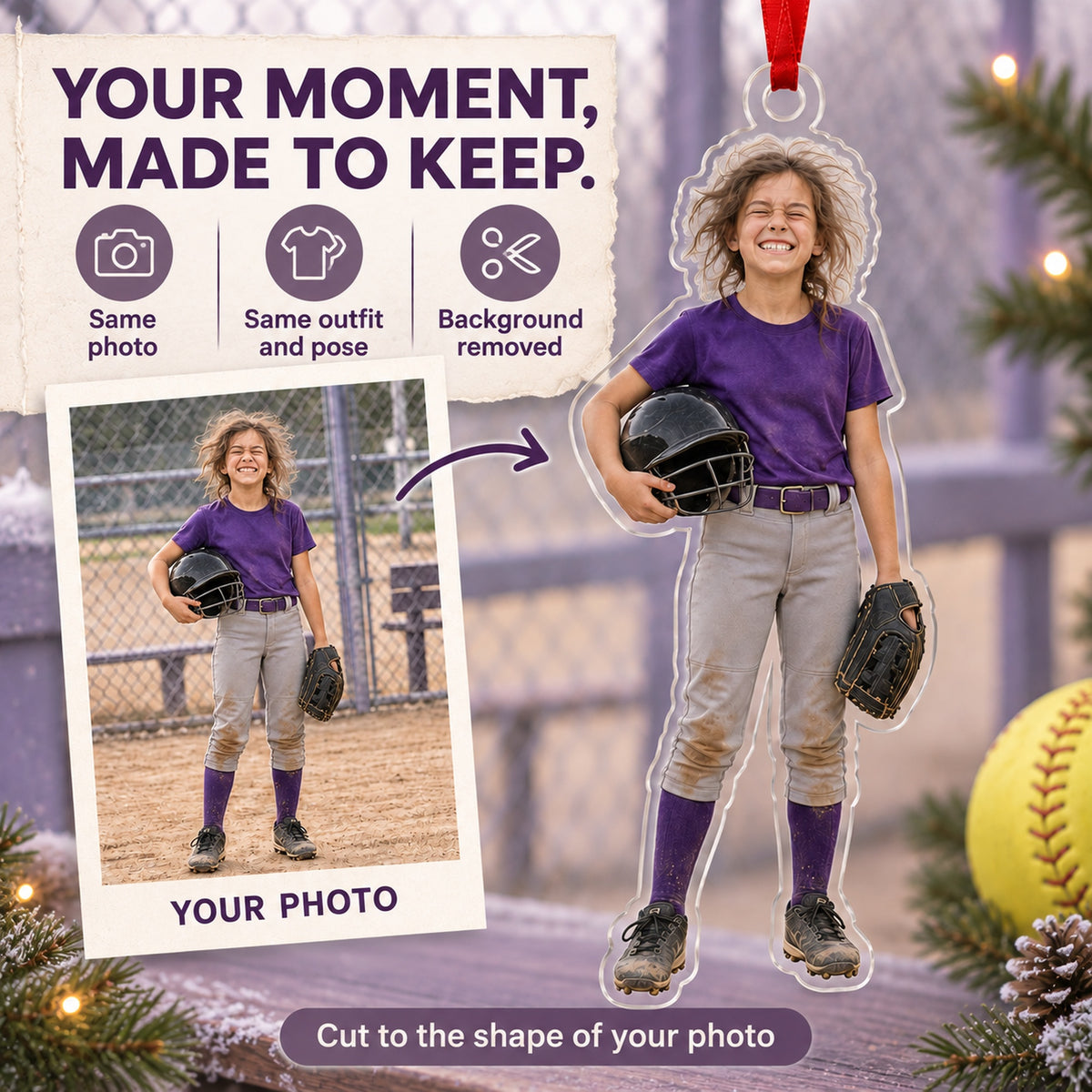 Custom Photo Softball Helmet Hair Acrylic Ornament — Personalization example