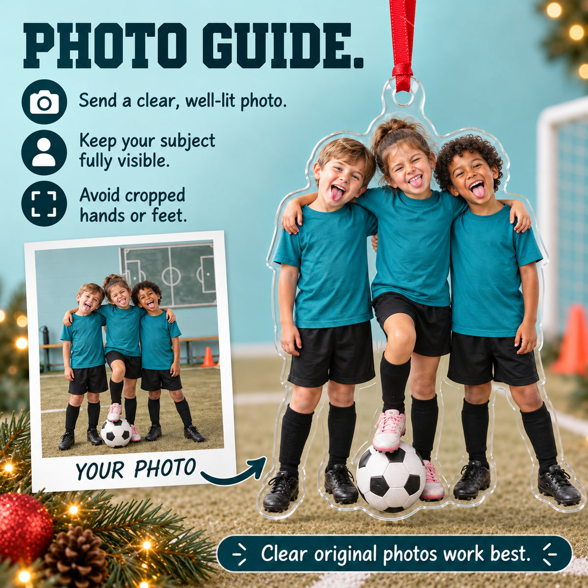 Custom Photo Soccer Team Silly Pose Acrylic Ornament — Personalization guide