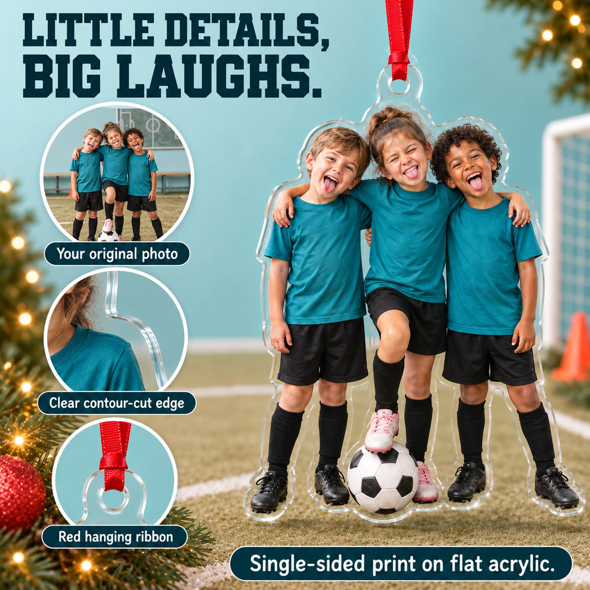 Custom Photo Soccer Team Silly Pose Acrylic Ornament — Product details