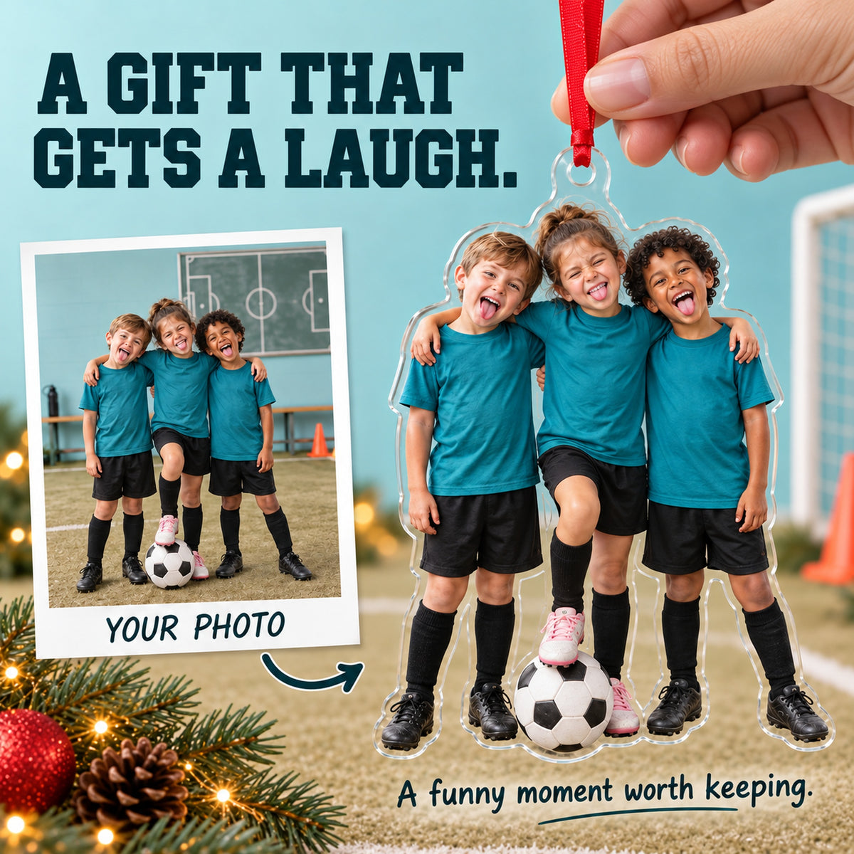 Custom Photo Soccer Team Silly Pose Acrylic Ornament — Gift inspiration