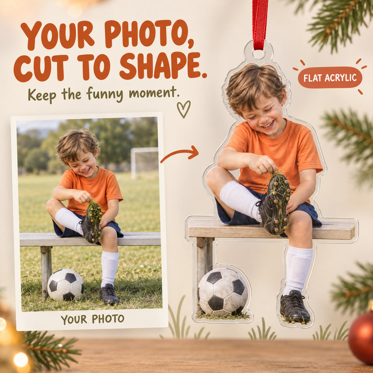 Custom Photo Soccer Shoe Surprise Acrylic Ornament — Main design