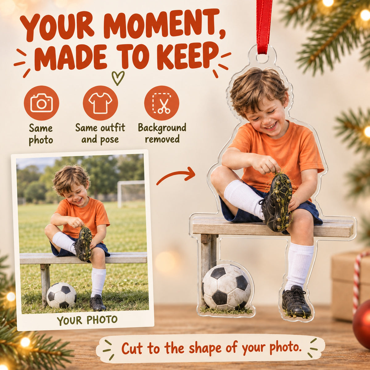 Custom Photo Soccer Shoe Surprise Acrylic Ornament — Personalization example