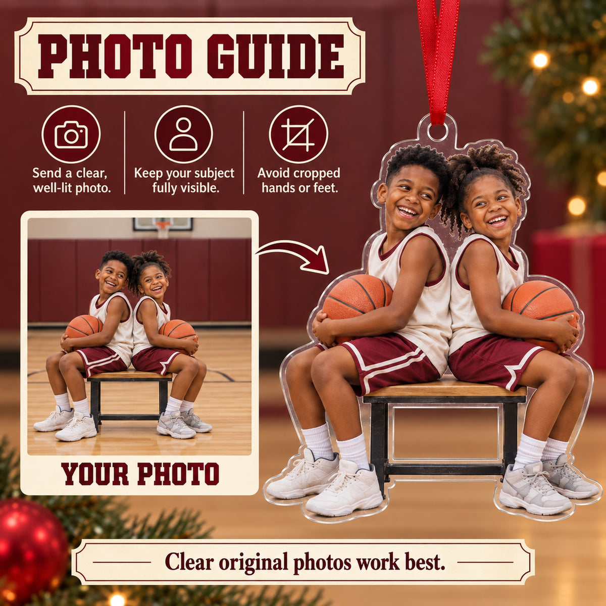 Custom Photo Basketball Bench Laughs Acrylic Ornament — Personalization guide