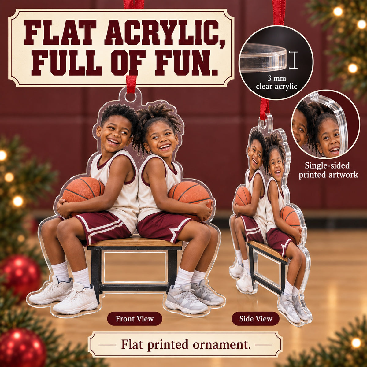 Custom Photo Basketball Bench Laughs Acrylic Ornament — Flat acrylic material