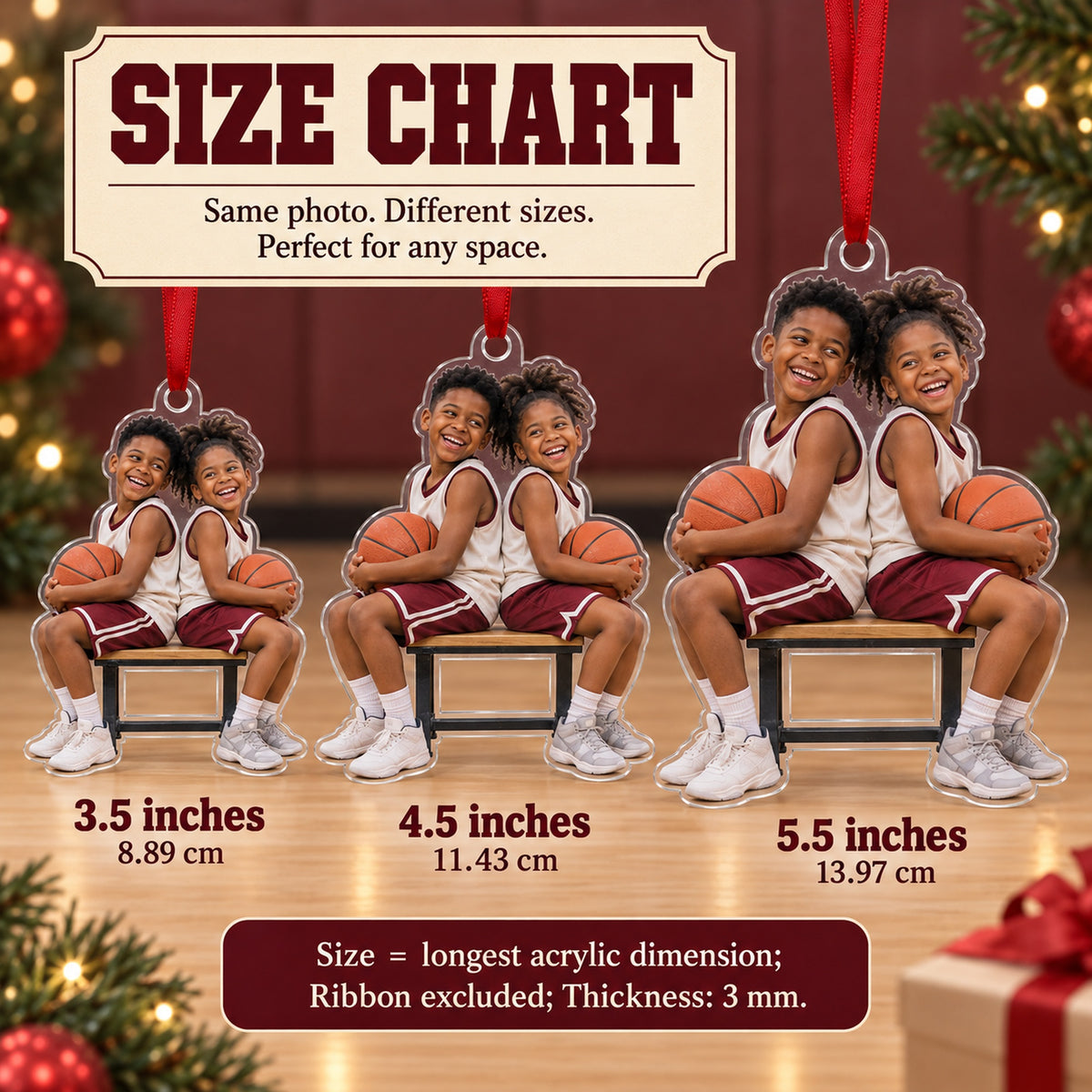 Custom Photo Basketball Bench Laughs Acrylic Ornament — Size guide