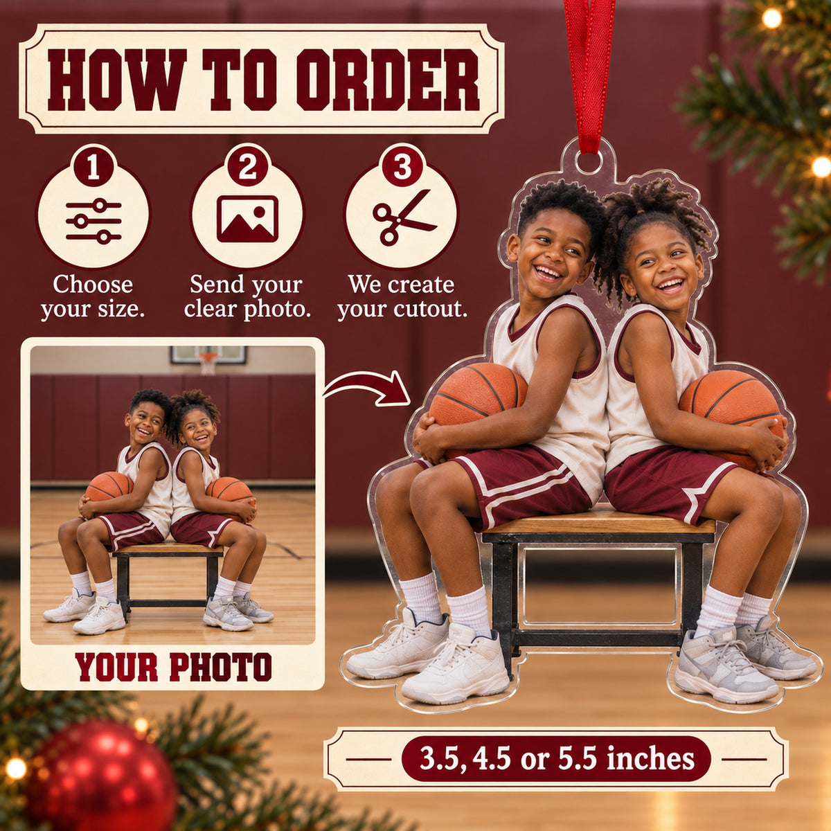 Custom Photo Basketball Bench Laughs Acrylic Ornament — How to order