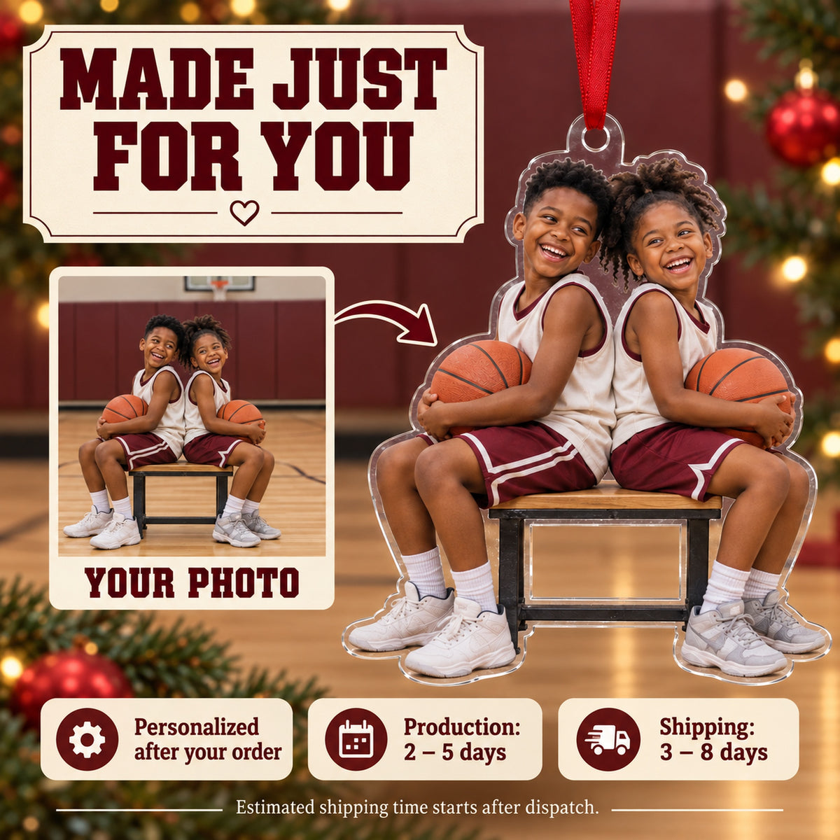 Custom Photo Basketball Bench Laughs Acrylic Ornament — Production and delivery