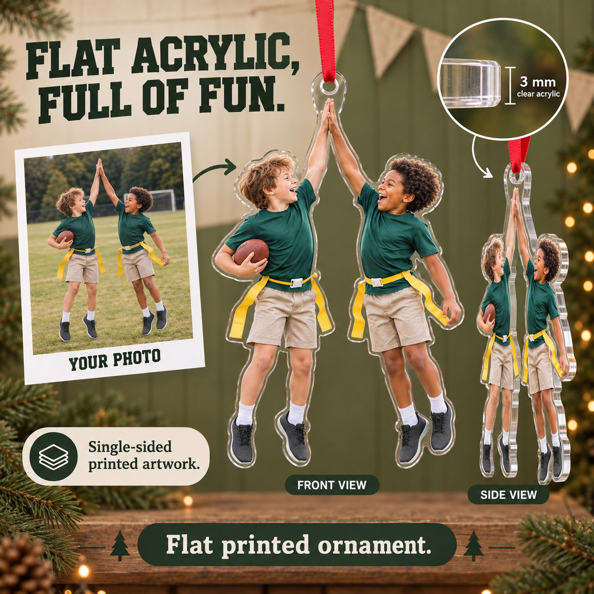 Custom Photo Flag Football High Five Acrylic Ornament — Flat acrylic material