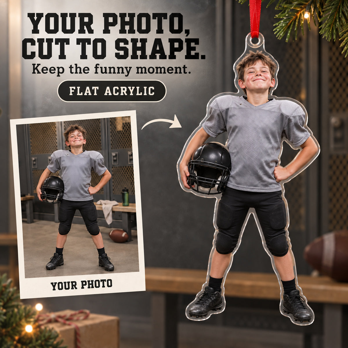 Custom Photo Football Pads Too Big Acrylic Ornament — Main design