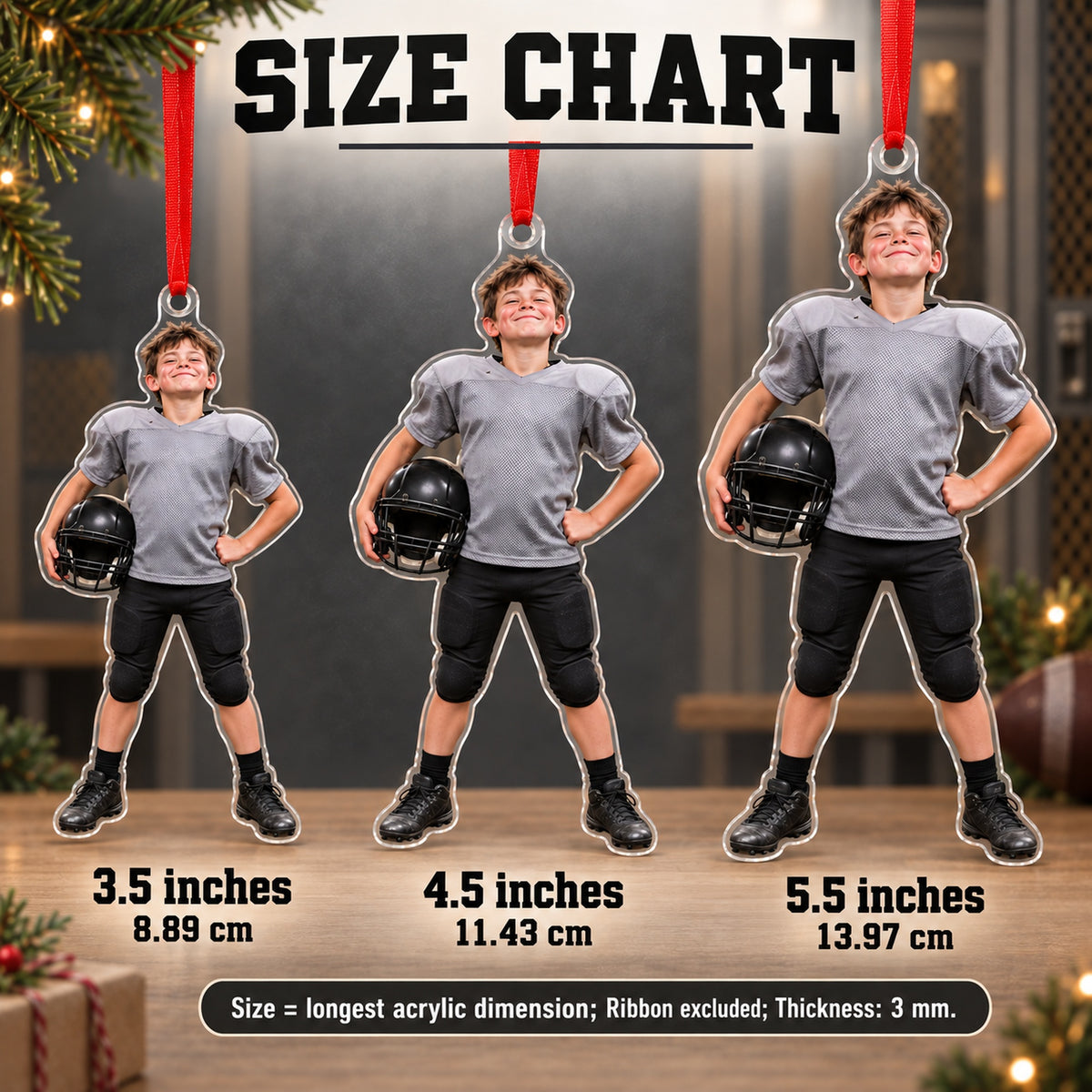 Custom Photo Football Pads Too Big Acrylic Ornament — Size guide