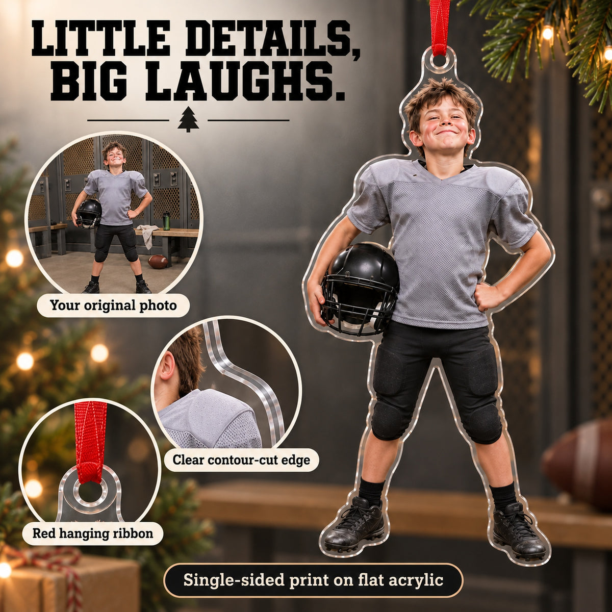 Custom Photo Football Pads Too Big Acrylic Ornament — Product details