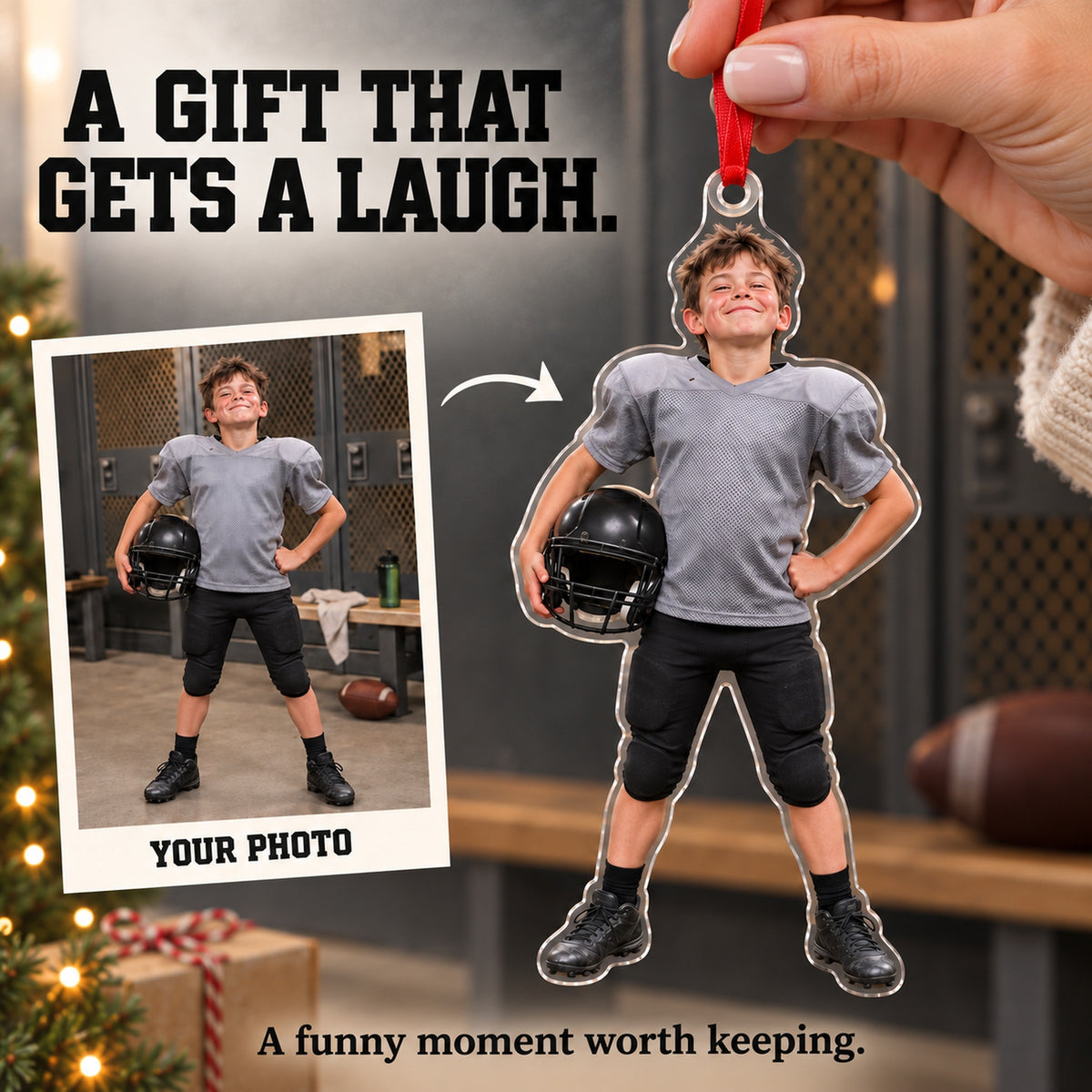 Custom Photo Football Pads Too Big Acrylic Ornament — Gift inspiration