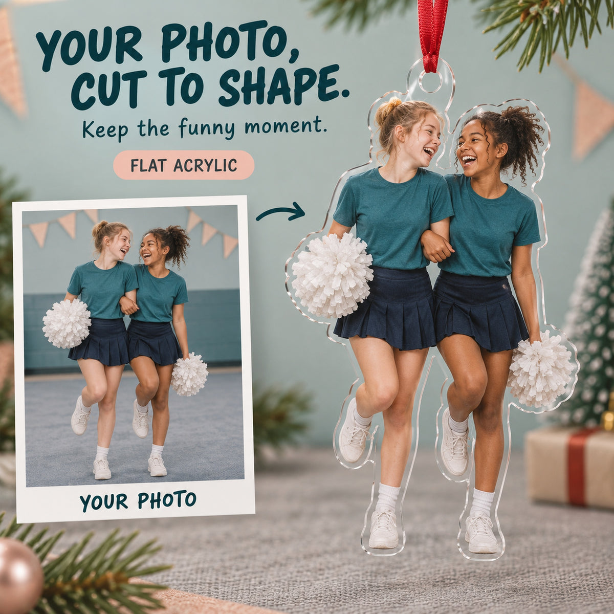 Custom Photo Cheer Practice Giggles Acrylic Ornament — Main design