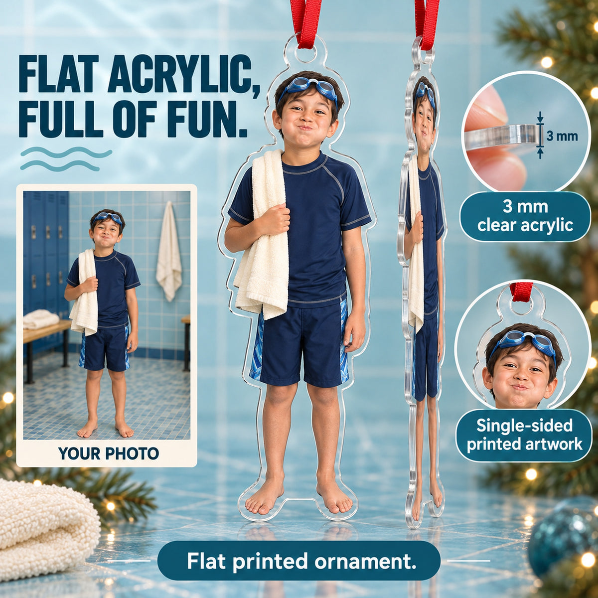 Custom Photo Swimmer Goggle Grin Acrylic Ornament — Flat acrylic material
