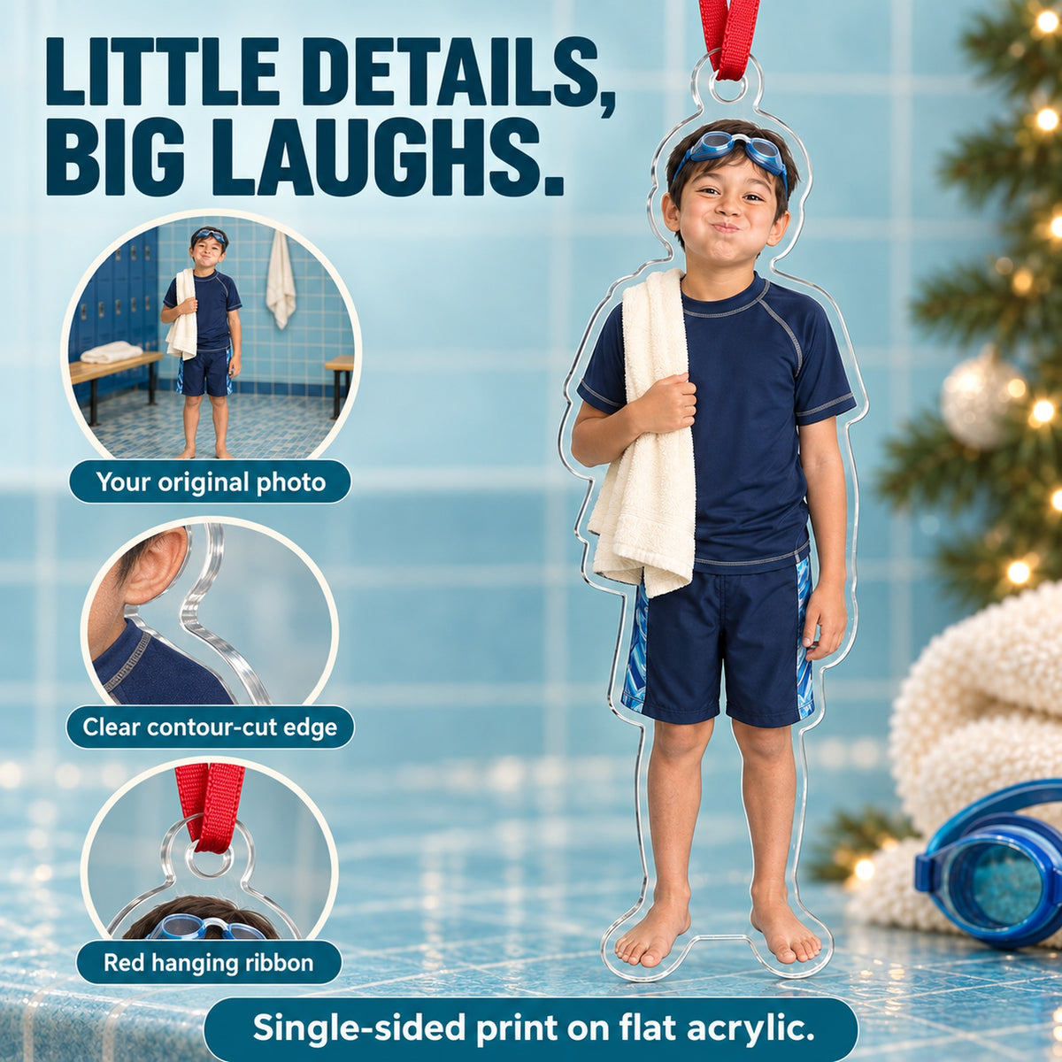 Custom Photo Swimmer Goggle Grin Acrylic Ornament — Product details