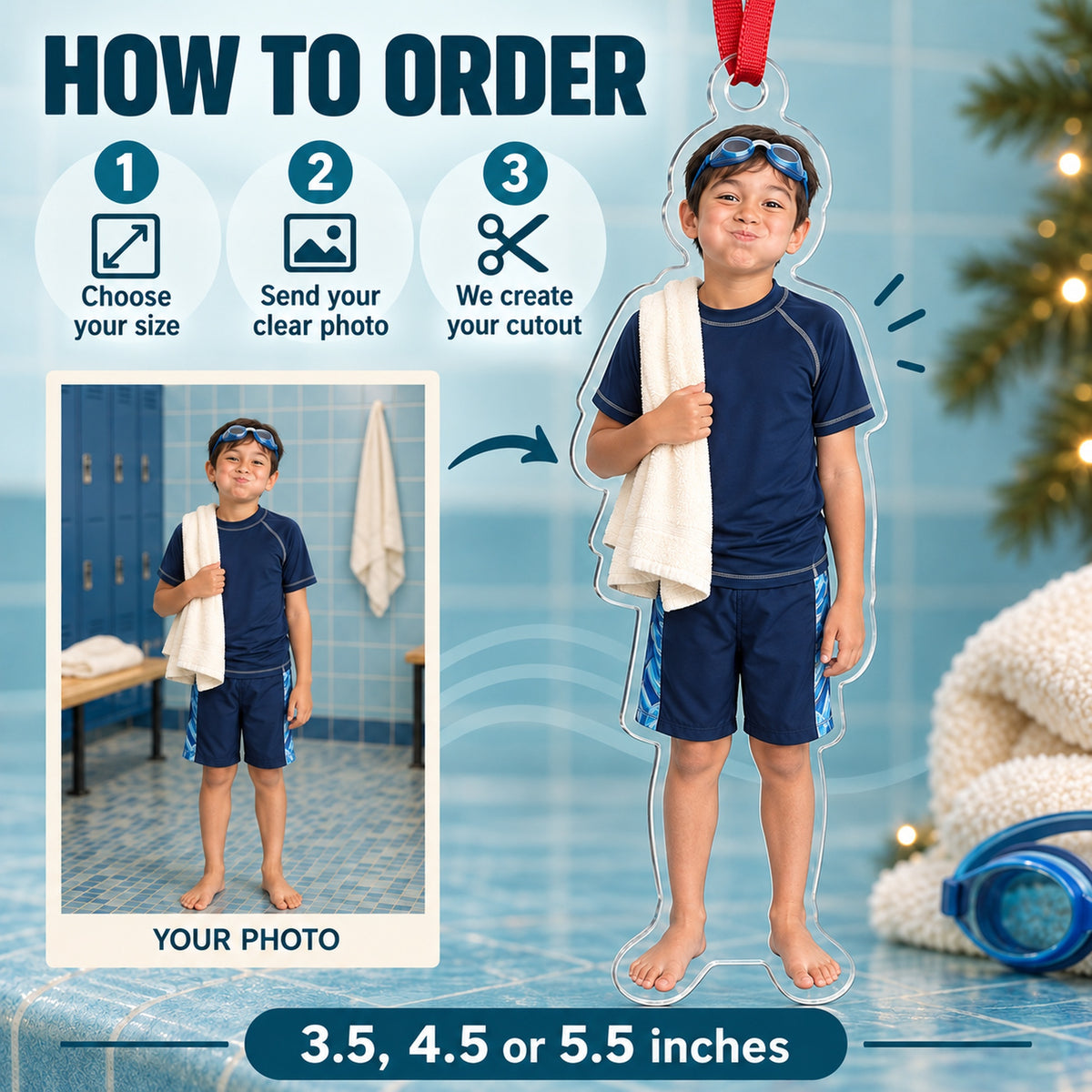 Custom Photo Swimmer Goggle Grin Acrylic Ornament — How to order