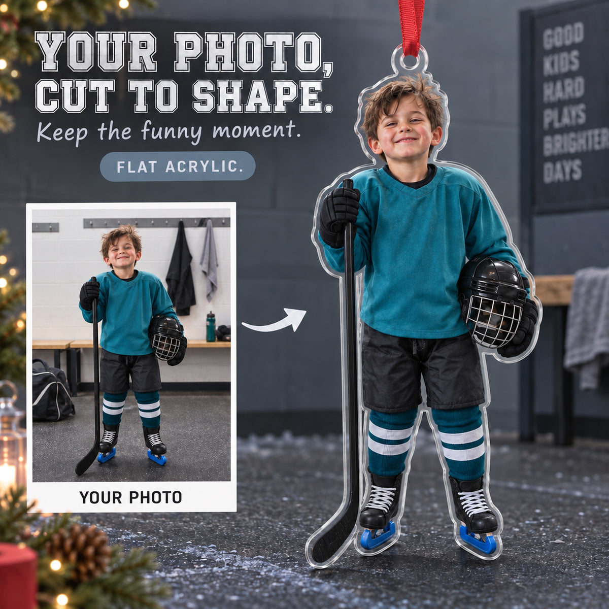 Custom Photo Hockey Helmet Hair Acrylic Ornament — Main design